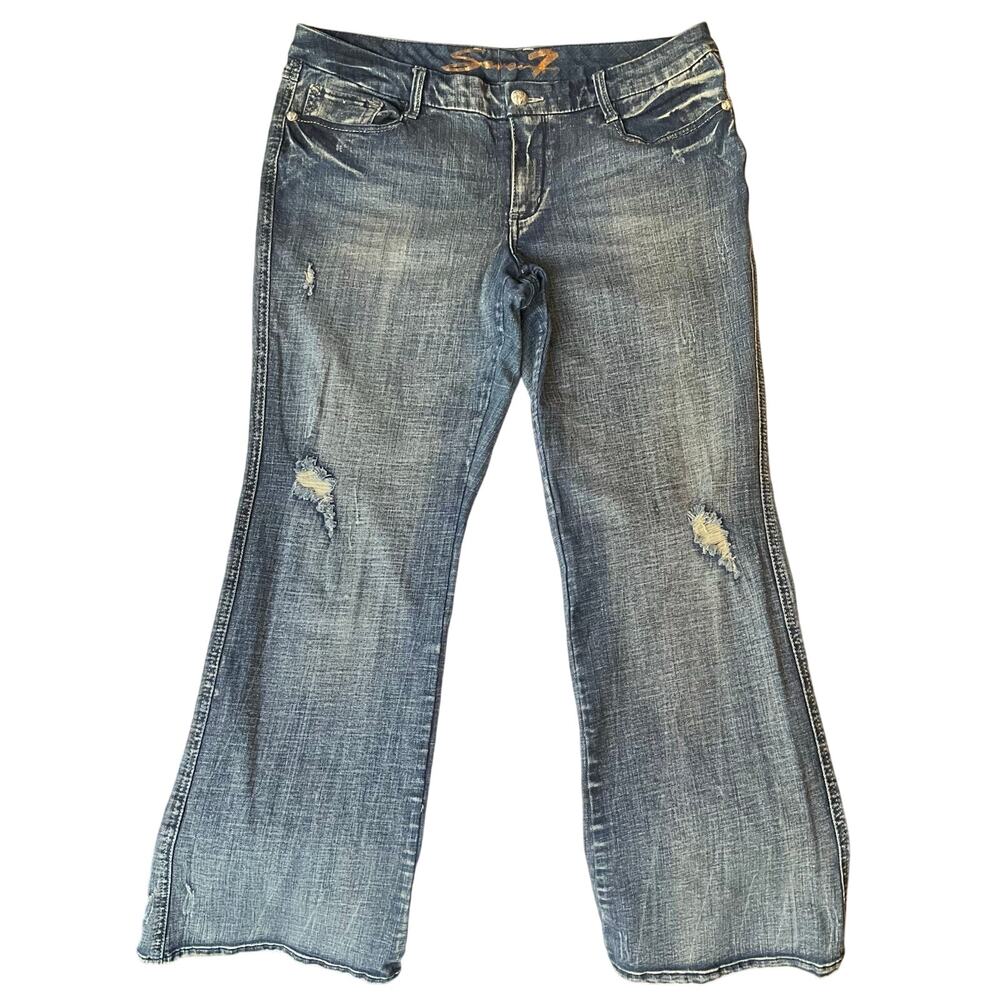 Seven 7 Women Flared Jeans size 18 Blue Mid Rise Stretch Frayed Long Slim Fit